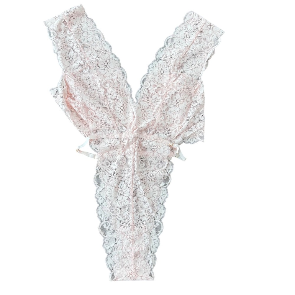 We Are HAH Cut To The Chase Lace Bodysuit Pink Floral Sheer V-Neck Large NEW